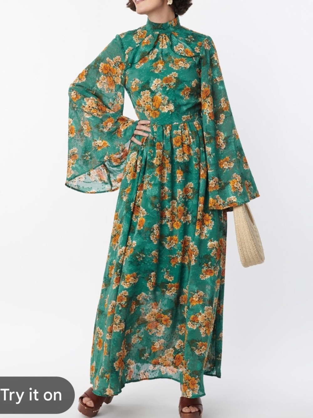 Unique Vintage Green & Orange Floral Flowy Sleeves 70s Retro Maxi Dress Size M